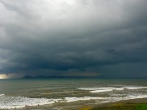 rain storm coming in over cebaco island in panama