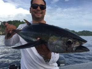 little yellowfin tuna caught popping near the rocks while on a fishing vacation in panama