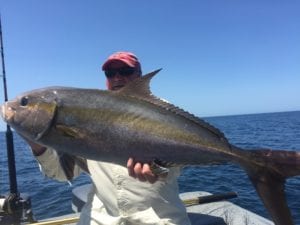 guest with his amberjack while fishing coiba island on a panama fishing charter during dry season