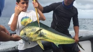 kid poses with dorado caught while on panama fishing vacation to Coiba Island